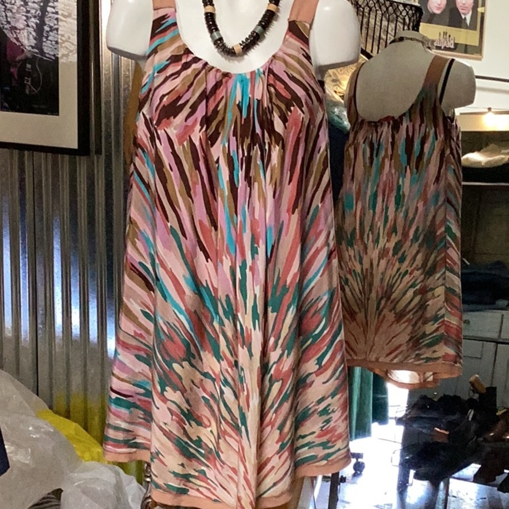 Vintage Missoni fab dress. Pink and Brown Mini Sundress with Spaghetti Straps